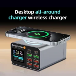 Charger Station with Digital Display and 8 Ports, USB Type C with Wireless Charging for Laptop, Tablet, and Phone