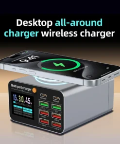 80W/120W 8 Ports Charger station Digital Display USB Type C With Wireless Charger PD QC3.0 Quick Charger For Laptop Tablet Phone
