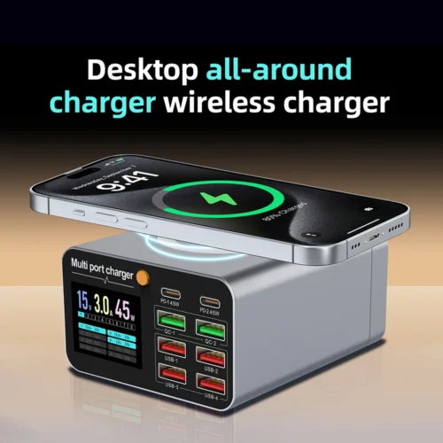 80W/120W 8 Ports Charger station Digital Display USB Type C With Wireless Charger PD QC3.0 Quick Charger For Laptop Tablet Phone