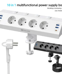 Eu Multi-plug power strip with desktop clamping device pull ring plug 4 USB-A and 2 USB-C ports single-control switch 2 m cable