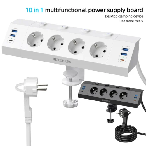 Eu Multi-plug power strip with desktop clamping device pull ring plug 4 USB-A and 2 USB-C ports single-control switch 2 m cable
