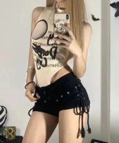 Alternative view of Women’s Lace-Up Skinny Shorts - Retro Streetwear for Casual & Holiday Wear