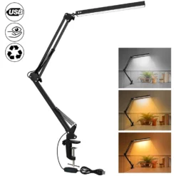 LED Desk Lamp with Clamp and Swing Arm, Dimmable Eye-Caring Light, 10 Brightness Levels, USB Charging
