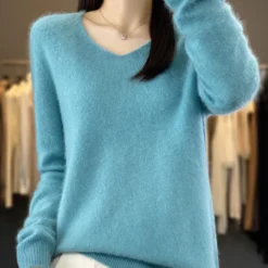Merino Wool Sweater V-Neck Long Sleeve Knitwear for Women Autumn Winter Tops