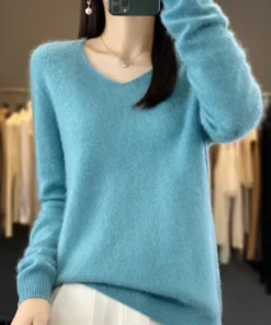 Fashion100% Merino Wool Sweater Cashmere Pullover Women Knitwear V-Neck Long Sleeve Autumn Winter Fashion Basic Clothing Tops