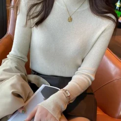 Alternative view of Mock Neck Knit Sweater with Vintage Solid Design for Women
