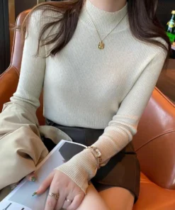 Alternative view of Autumn Winter Mock Neck Women Sweater Vintage Basic Solid Knitted Korean Tops Casual Slim Pullover Sweaters Simple Chic Jumpers