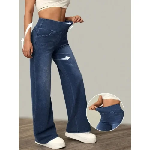 Women's High Stretch Loose Straight-Leg Jeans with Elastic Waist