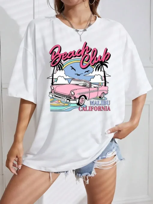 Oversized Summer T-shirt with Beach Club Print for Women Short Sleeve Comfortable Streetwear - Image 3