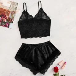 Alternative view of Lace Bralette Cami and Shorts Set, See-Through Design, Breathable Sleepwear for Women