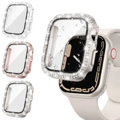 Glass and Diamond Case for Apple Watch 46mm 40mm 44mm 41mm 42mm 45mm, Bling Bumper Protector for Series 11, 10, 9, SE, 7, 8