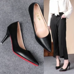 Soft Leather Stiletto Pumps with Thin High Heels for Women in Black, Big Size