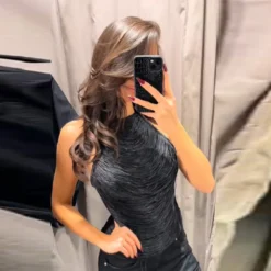 Backless Black Camisole Top with High Waist and See-Through Design for Women