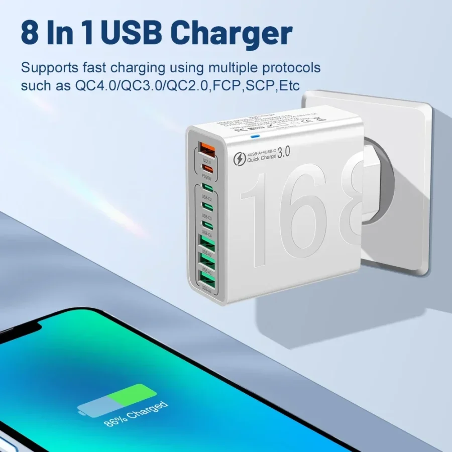 8-Port USB-C Wall Charger - Fast Charging Adapter for Mobile Devices - Image 4