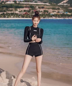 Women Long Sleeve Swim Tops+Bottoms Rash Guard Two Piece Wetsuit Swimsuits Tankini Crop Shirt with Boylegs Shorts Bathing Suits