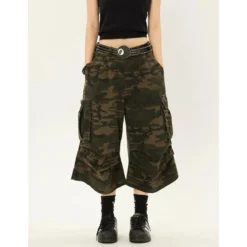 Cropped High Waist Cargo Jeans with Camouflage Design for Women