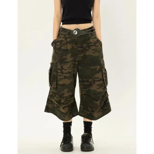 Female Streetwear Denim Cropped Pants Lady Retro Fashion High Waist Cargo Jeans Girls Camouflage Baggy Wide Leg Trousers