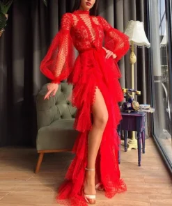 CPSYMYM Women Dress Wedding Sexy High Waist Evening Floor Length Dresses Lace Dot Puff Full Sleeve A Line Gown Vestidos Elegant