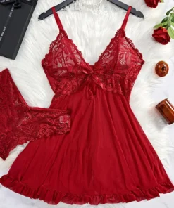 ALLTOOALL Women's Sleepwear Underwear Transparent Sexy Lace Red Lingerie Pijamas Sets Nightdress And Panty Female Nighty Clothes