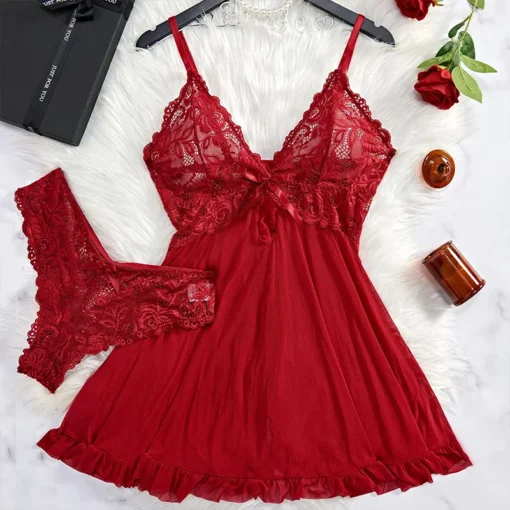 Women's Lace Transparent Red Lingerie Set with Nightdress and Panty - Image 7