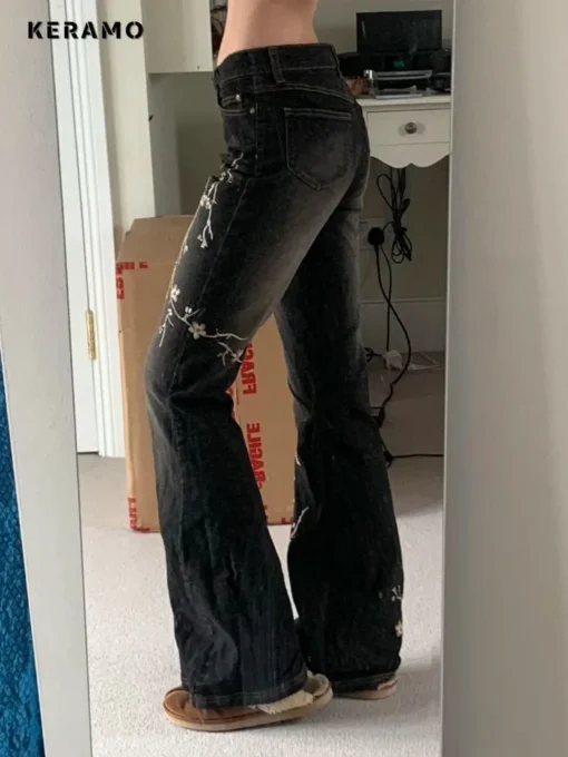 Flared Jeans with Floral Embroidery for Women in Low Rise Design - Image 4