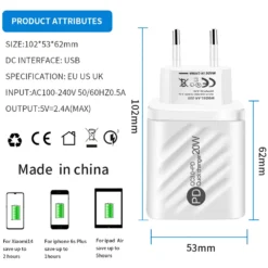 Alternative view of 20W Fast Charging USB Wall Adapter for iPhone, Samsung, Xiaomi, and Huawei Devices