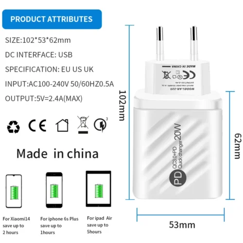 Alternative view of 20W Fast Charging USB Wall Adapter for iPhone, Samsung, Xiaomi, and Huawei