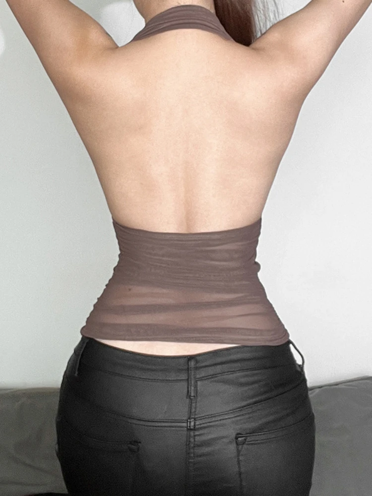 See Through Mesh Halter Top Neck-mounted Crop Top Women Edgy Clothes Y2k Accessories Backless Camison Verano Cute Ropa De Mujer - Image 5