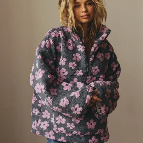 Alternative view of Yaminiya Women's 2025 New Fashion Polar Fleece Flower Blossoms Sweater Cotton Sweater Loose Warm Fur Stand Up Collar Zipper Top