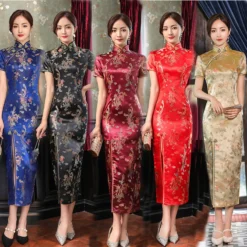Plus Size Qipao Dress with Dragon and Phoenix Design for Women