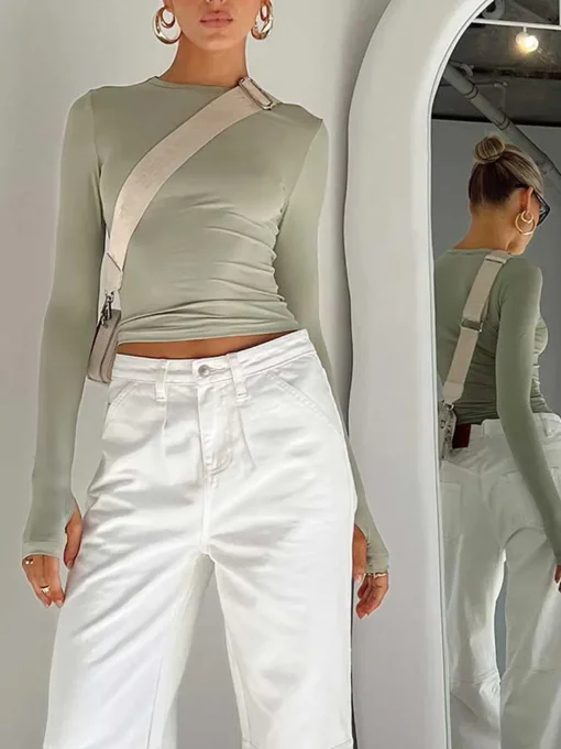 Long Sleeve Crew Neck T-shirt with Thumb Holes for Women - Solid Slim Fit Crop Top - Image 4