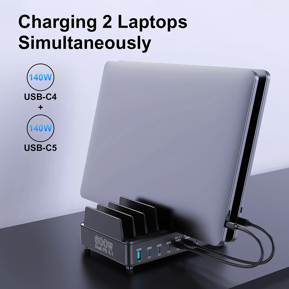 600W GaN Multi USB Fast Charger with 10 Ports for MacBook, iPhone, iPad, and Samsung Tablets - Image 4