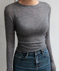 High Quality Plain T Shirt Women Elastic Basic T-shirts Female Casual Tops Long Sleeve Sexy Thin T-shirt see through
