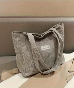 Large Capacity Shoulder Bag Trendy Corduroy Tote Bag Solid Color Ladies Handbag With Front Pocket