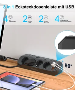 Alternative view of EU Plug Desktop Power Socket Power Strip with Individual switch, 4 AC Outlet USB Socket Multiprise Plug with 2m Extension Cord