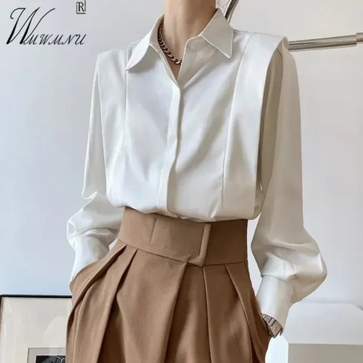 Casual Blouses for Women with Polo Collar and Long Sleeves in White Ruffles Streetwear - Image 3