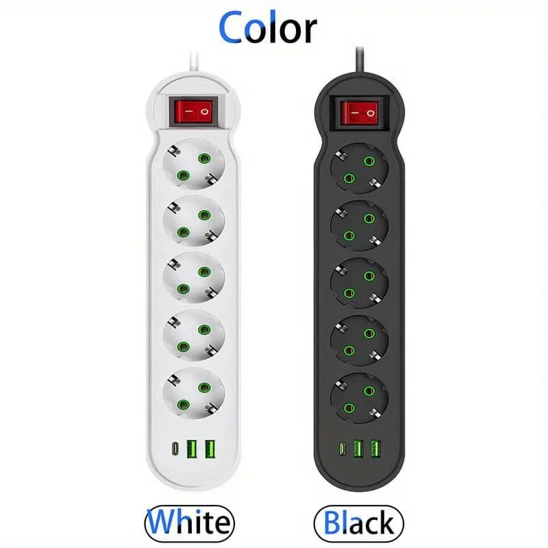 EU Plug Power Strip 2/3/4/5 Outlet Multitap Extension 10A with 2 USB 1 Type-C Ports 2m Cord Electrical Socket 2500W - Image 2