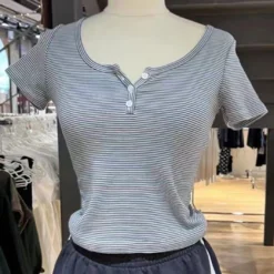 Alternative view of Women's Striped Crop Top and Elastic Shorts Set for Summer Casual Wear