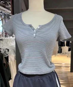 Alternative view of Stripes T-shirt Shorts 2 Pieces Sets Summer Short Sleeve Slim Three Buttons Crop Top Elastic Short Pant for Woman Sweet Y2k Set