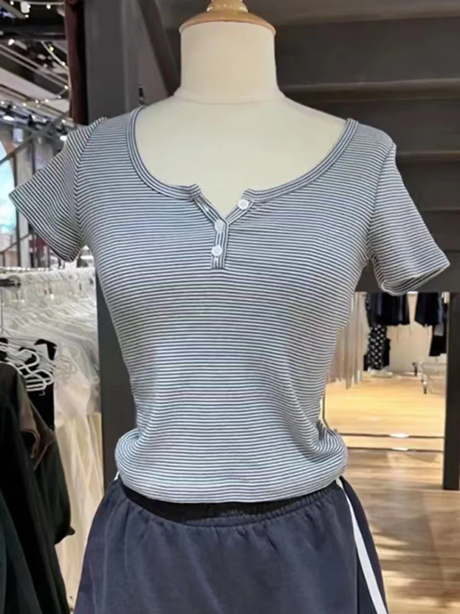 Stripes T-shirt Shorts 2 Pieces Sets Summer Short Sleeve Slim Three Buttons Crop Top Elastic Short Pant for Woman Sweet Y2k Set - Image 2