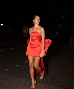 Alternative view of Stylish Green Pink Red Satin Mini Party Dresses with Detachable Big Bow Handmade Pearls Short Prom Gown Birthday Formal Dress