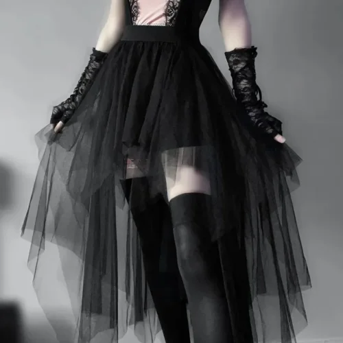 High-Waisted Gothic Style Net Skirt for Women