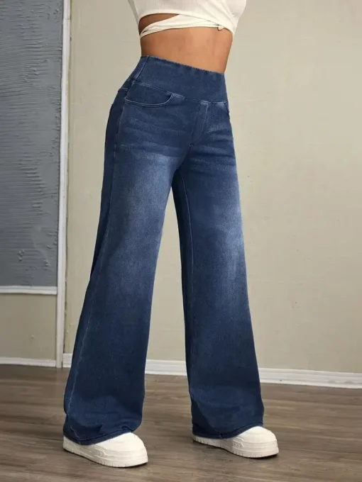 High Stretch Loose Straight-Leg Jeans with Elastic Waist for Women - Image 3