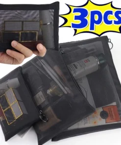 Mesh Cosmetic Bags Set - Black Portable Makeup and Toiletry Organizer (Small & Large)