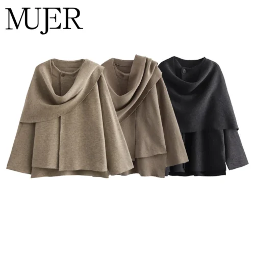MUJER Women's Plush Winter Parka with Asymmetric Scarf, Long Sleeve