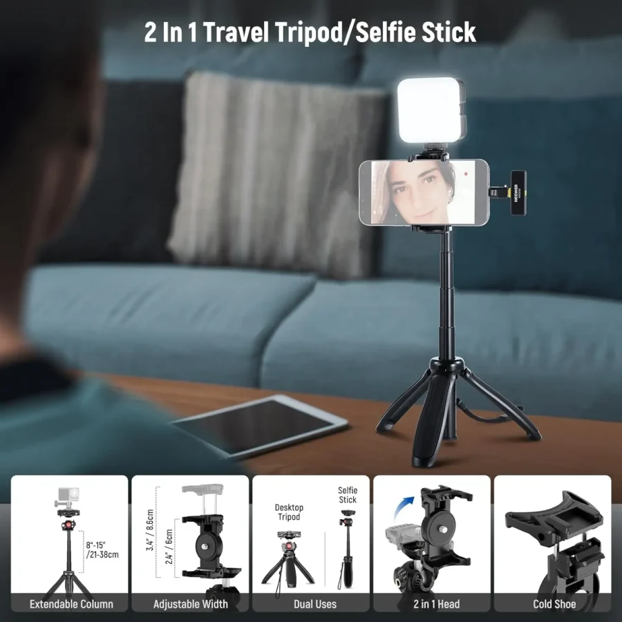 NEEWER Vlogging Kit for Phone with RGB LED Light/Lavalier Wireless Microphone System/Selfie Stick Tripod for iPhone Android - Image 5
