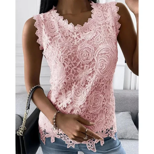 Sleeveless Lace Floral Blouse with Round Collar for Women - Spring Summer Office Camisole - Image 3