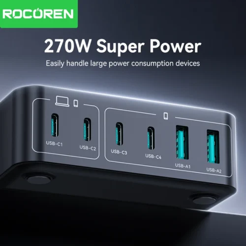 Alternative view of Rocoren 200W GaN Charger PD Fast Charging USB Type C Charger 270W 6 in 1 USBC Power Station For iPhone 16 15 Pro Max Xiaomi 14