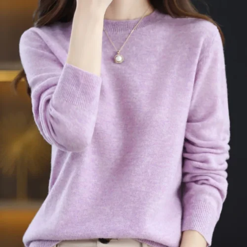 Alternative view of Fashion 100% Merino Wool Sweater Elegant Cashmere Pullover Women O-Neck Long Sleeve Knitwear Basic Clothing Jumper Tops