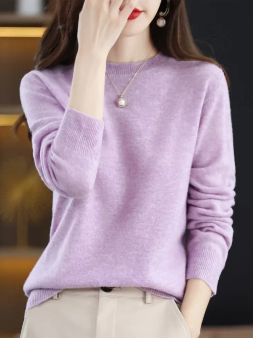 Merino Wool Sweater with O-Neck Design and Long Sleeves for Women - Image 2